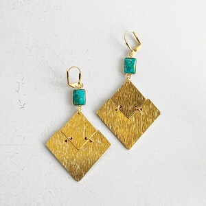 Diamond Pendant Earrings Turquoise Earrings Brushed Gold Earrings Statement Jewelry Geometric Earrings Rhombus Dangle Earrings image 4