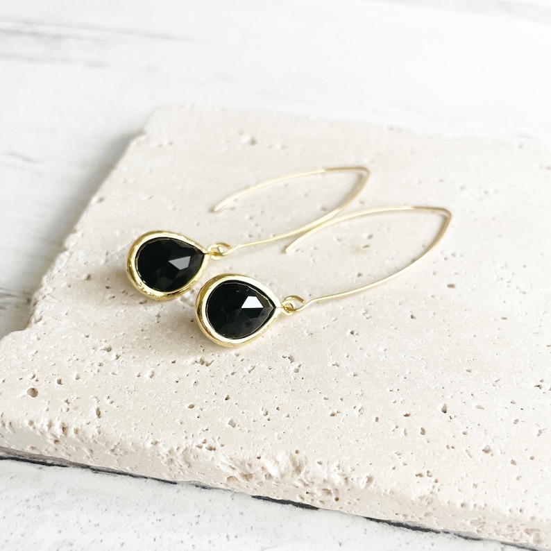 Black Stone Drop Earrings in Gold. Simple Gold Dangle Earrings. Party Jewelry. Stocking Stuffers. Drop Earrings image 2
