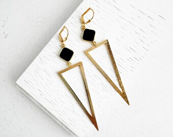 Triangle Earrings | Black Onyx Earrings | Brushed Gold Earrings | Statement Jewelry | Geometric Earrings | Gemstone Dangle Earrings