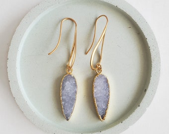 Grey Druzy Teardrop Stone Dangle Earrings in Gold. Gemstone Drop Earrings. Gold Crystal Earrings