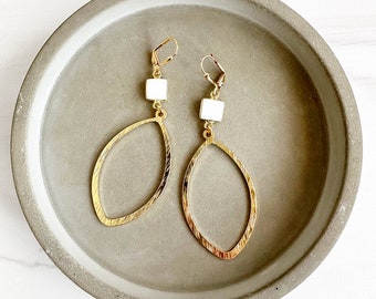 White Agate Bezel and Marquise Statement Earrings in Brushed Brass Gold. Gold Marquise and White Stone Earrings. Gold Dangle Earrings