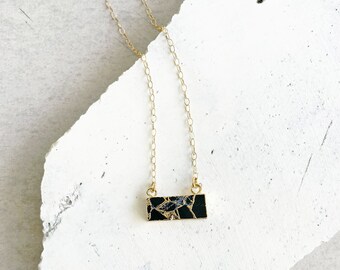 Black Mojave Bar Necklace in Gold. Gold Bar Necklaces. Gold Mojave Turquoise Necklace. Simple Gemstone Necklace. Black Bar Pendant Necklace