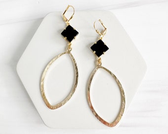 Black Onyx Prong and Marquise Statement Earrings in Brushed Brass Gold. Gold Marquise and Black Stone Earrings. Gold Dangle Earrings