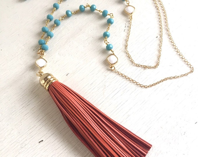 Long Tassel Necklace in Orange and Turquoise. Leather Tassel. Long Gold