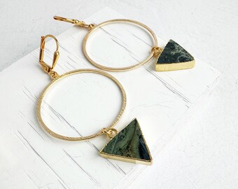 Hoop Dangle Earrings | Jasper Green Triangle Stones | Brushed Gold | Simple Hoop Earrings | Statement Gemstone Earrings | Geometric Jewelry