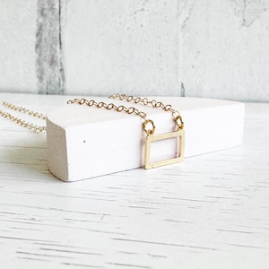 Open Rectangle Charm Necklace in 14k Gold Filled Chain. Simple Gold Layering Necklace