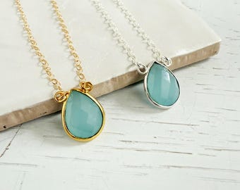Aqua Blue Teardrop Bezel Necklace