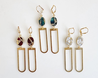 Horseshoe Dangle Earrings with Oval Mojave Stone in Brushed Gold. Brass Geometric Arch Earrings. Fuchsia Teal White Crystal Earrings