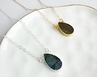 Teardrop Labradorite Necklace: 14k Gold Filled or Sterling Silver Chain