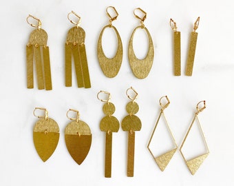 Geometric Brushed Brass Statement Earrings in Gold. Brass Gold Minimal Shape Earrings