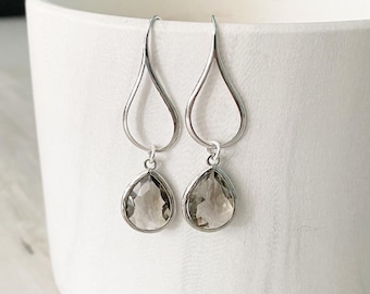 Silver Charcoal Drop Earrings.  Charcoal Grey Teardrop Drop Earrings.  Gift for Her.  Dangle Earrings. Modern Drop Earrings. Christmas Gift.