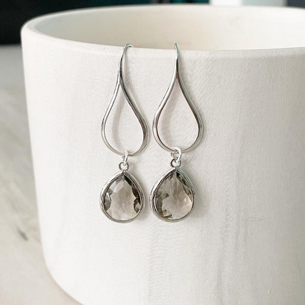 Silver Charcoal Drop Earrings.  Charcoal Grey Teardrop Drop Earrings.  Gift for Her.  Dangle Earrings. Modern Drop Earrings. Christmas Gift.