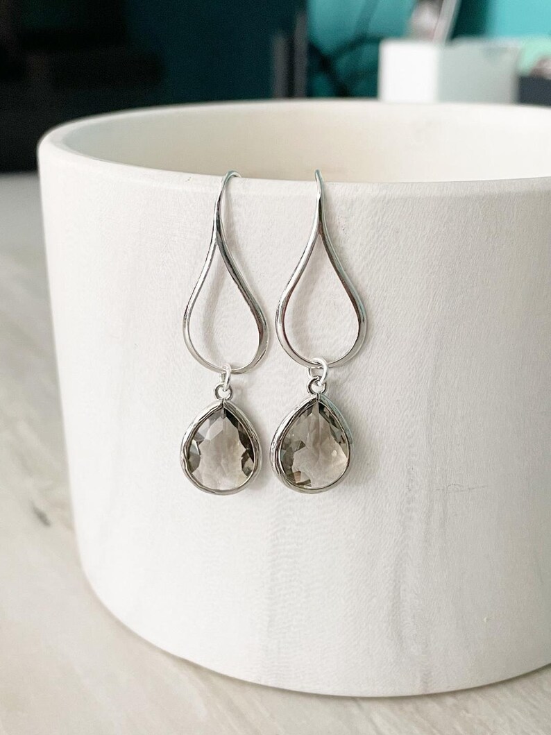 Silver Charcoal Drop Earrings. Charcoal Grey Teardrop Drop Earrings. Gift for Her. Dangle Earrings. Modern Drop Earrings. Christmas Gift. image 1
