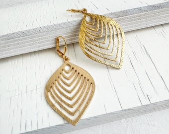 Chevron Pattern Marquise Earrings | Leaf Earrings | Brushed Gold Earrings | Statement Jewelry | Art Deco Earrings | Modern Dangle Earrings