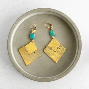 Diamond Pendant Earrings Turquoise Earrings Brushed Gold Earrings Statement Jewelry Geometric Earrings Rhombus Dangle Earrings image 2