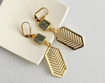 Chevron Drop Earrings | Labradorite Earrings | Brass Gold Earrings | Statement Jewelry | Geometric Earrings | Art Deco Dangle Earrings