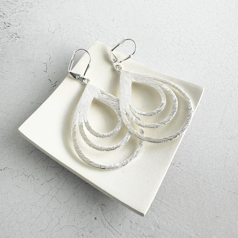 Multiple Teardrop Earrings Brushed Silver Statement Earrings Simple Silver Earrings Big Silver Earrings image 1