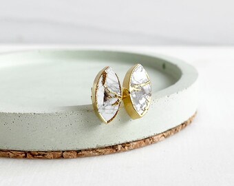 Marquise Stud Earrings. Gold Post Earrings. White Mojave Stud Earrings in Gold