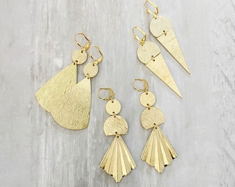 Geometric Brushed Gold Earrings. Unique Shape Dangle Earrings. Pleated Fan Cone Triangle