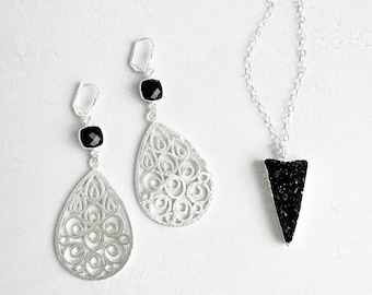 Black Stone Jewelry Set | Brushed Silver | Black Druzy Triangle Necklace | Black Onyx Teardrop Earrings | Black Gemstone Jewelry