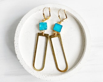 Sky Blue Druzy and Horseshoe Dangle Earrings in Brushed Brass Gold. Geometric Drop Earrings. Statement Gemstone Earrings