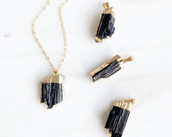 Raw Tourmaline Stone Necklace in Gold. Unique Raw Black Stone Necklace