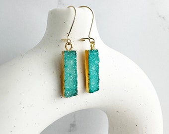 Aqua Druzy Earrings | Gold Drop Earrings | Gold Plated Earwire | Simple Crystal Earrings | Gift for Her