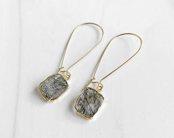 Gemstone Slice Drop Earrings: Gold Crystal Dangle Earrings