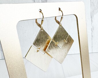 Diamond Shape Statement Earrings in Brushed Brass Gold. Geometric Dangle Earrings