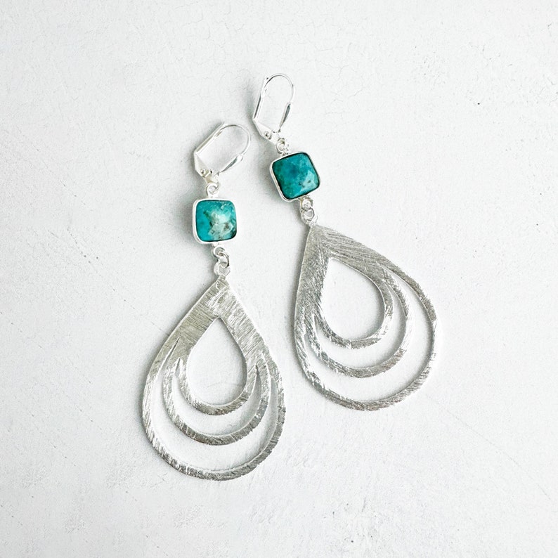 Turquoise Earrings Multiple Teardrop Earrings Brushed Silver Statement Earrings Simple Silver Jewelry Big Silver Earrings image 2