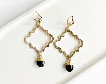 Black Onyx Quatrefoil Earrings with Marquise Stone in Brushed Brass Gold. Geometric Dangle Earrings. Gemstone Statement Jewelry