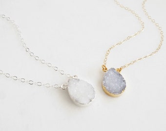 Large White Gray Druzy Teardrop Necklace in Gold and Silver. Crystal Gemstone Necklace. Simple Layering Necklace