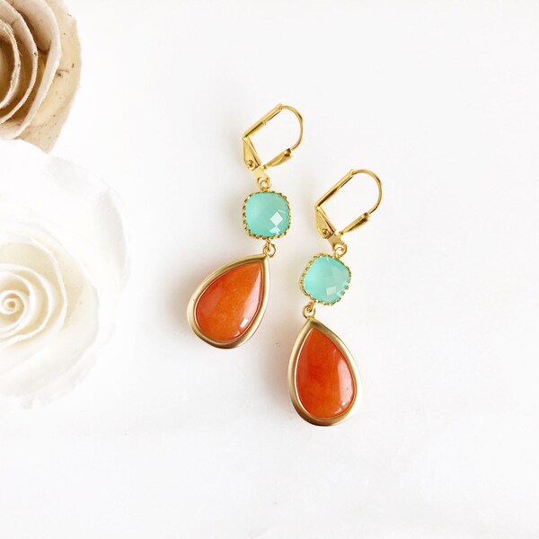 Burnt Orange Teardrop and Aqua Stone Dangle Earrings. Fall Fashion Earrings. Tangerine Orange Earrings. Christmas Gift. Holiday Gift.