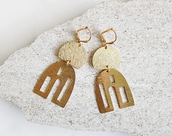 Small Domed Geometric Earrings in Brushed Brass Gold. Geometric Statement Earrings. Modern Dangle Earrings