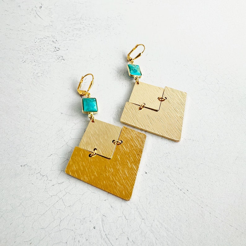 Diamond Pendant Earrings Turquoise Earrings Brushed Gold Earrings Statement Jewelry Geometric Earrings Rhombus Dangle Earrings image 5