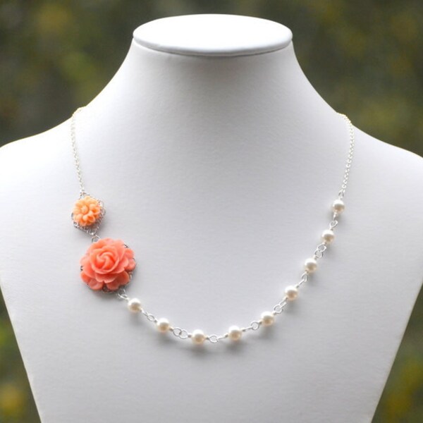 Dainty Coral and Peach Floral Asymmetrical Bridesmaid Necklace with White Swarovski Pearls. Coral Bridal Jewelry.