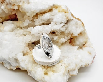 White Mojave Marquise Statement Ring in Silver. White Marquise Cocktail Ring. Silver Adjustable Crystal Statement Gemstone Ring