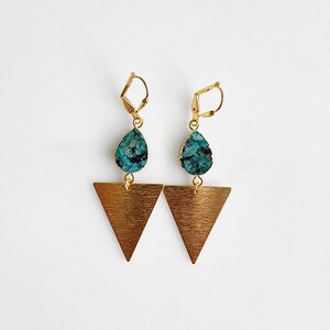 Green Agate Jasper Statement Earrings in Gold. Brushed Brass Geometric Dangle Earrings. Statement Jewelry image 4