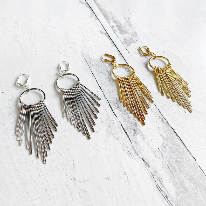 Fringe Statement Earrings in Silver and Gold. Geometric Dangle Earrings. Long Fringe Earrings image 2