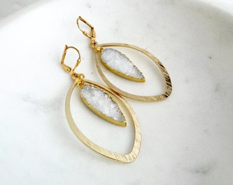 White Druzy Earrings | Brushed Gold Earrings | Statement Jewelry | Gemstone Earrings | Marquise Dangle Earrings | Modern Jewelry