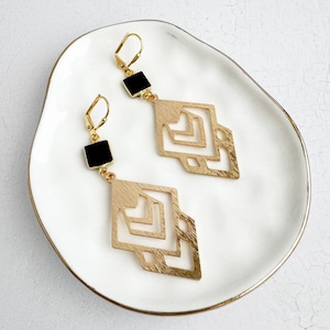 Black Onyx Dangle Earrings: Brushed Gold Celtic Abstract Jewelry