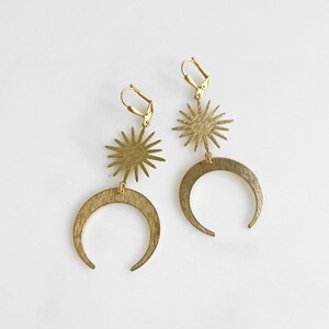 Sun and Moon Statement Earrings in Gold. Brushed Brass Starburst and Crescent Dangle Earrings. Boho Dangle Earrings image 4