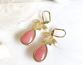 Coral Pink and Gold Orchid Teardrop Drop Earrings.  Coral Pink Dangle Bridesmaid Earrings. Jewelry Gift for Her.  .