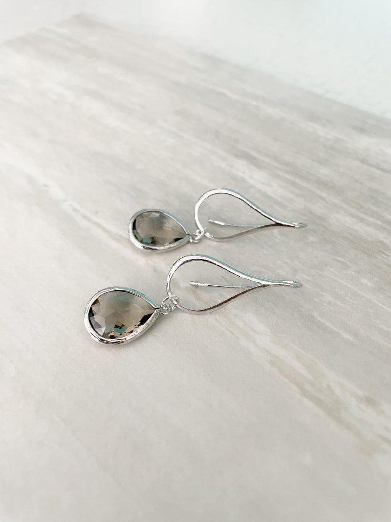 Silver Charcoal Drop Earrings. Charcoal Grey Teardrop Drop Earrings. Gift for Her. Dangle Earrings. Modern Drop Earrings. Christmas Gift. image 2