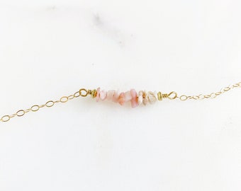 Pink Opal Chip Bracelet. Dainty Gold Chain Pink Stone Bracelet