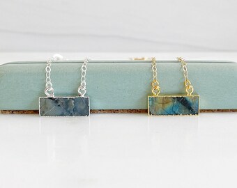 Dainty Labradorite Bar Necklace in Gold and Silver. Simple Bar Necklace. Gemstone Crystal Necklace. Layering Necklace