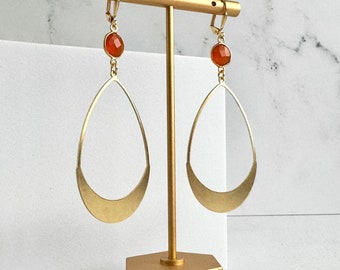 Teardrop Statement Earrings | Orange Carnelian Earrings | Brass Gold Earrings | Big Teardrop Hoop Earrings | Jewelry Gift