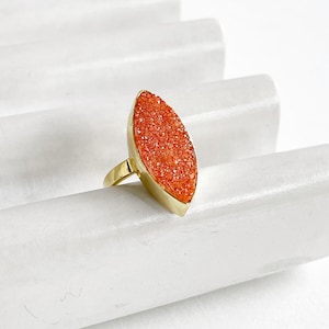 Orange Druzy Marquise Statement Ring in Gold. Crystal Stone Cocktail Ring. Gold Gemstone Ring