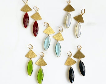 Gemstone Jewel Statement Earrings. Jewel Bezel Teardrop Dangle Earrings in Gold