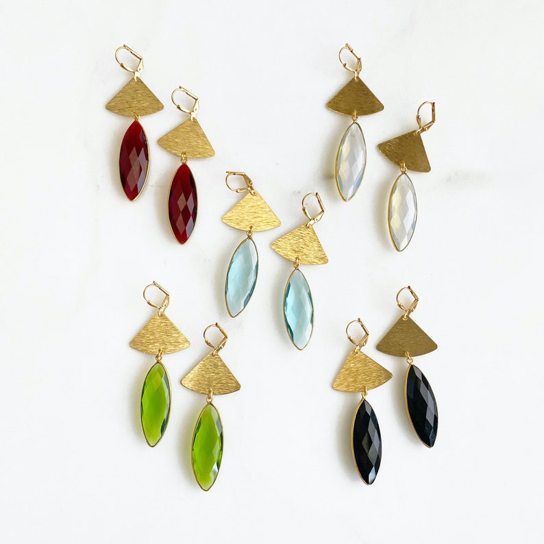 Gemstone Jewel Statement Earrings. Jewel Bezel Teardrop Dangle Earrings in Gold image 1